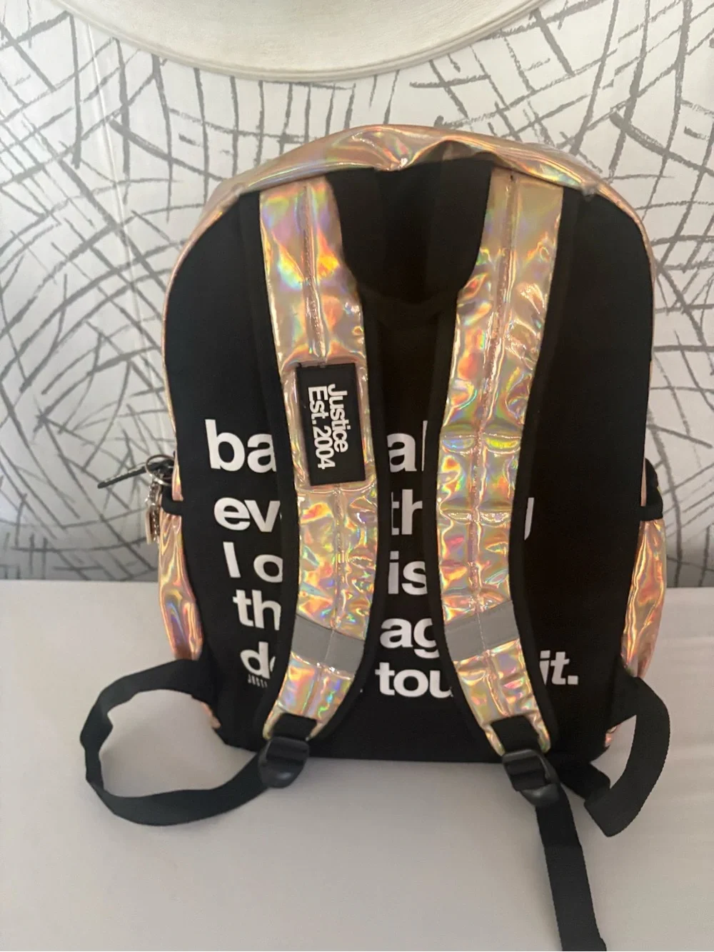 Justice Iridescent Rose Gold Holographic Mini Backpack